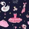 Cartoon girls seamless pattern with hand drawn ballet pointe shoes, tutu, crown, flowers and cute swan.