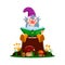 Cartoon gnome dwarf character sitting on stump