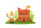 Cartoon Gnome Gardener Character near the Fairytale Stump House, Stub Home, Fairy Dwelling For Dwarf