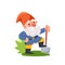 Cartoon Gnome Gardener Standing With Shovel. Dwarf Fantasy Character Wearing A Pointed Hat, Rosy Cheeks