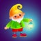 Cartoon gnome with lantern on dark background