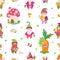 Cartoon gnome seamless pattern. Fairy houses and dwarf, cute funny children magic tale fabric print template. Garden