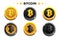 Cartoon Gold and black Bitcoin icon. Digital or Virtual currencies coin and electronic cash