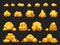 Cartoon gold mine nuggets, boulders, stones and piles. Natural shiny solid golden rock heap. Jewel nugget icons for