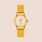 Cartoon gold wrist watch. Classic wristwatch with metal bracelet, flat expensive time accessory golden jewelry. Vector