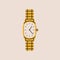 Cartoon golden wrist watch. Classic retro unisex wristwatch with bracelet, flat expensive time accessory gold jewelry