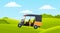 Cartoon golf car on green lawn. Bushes, shrubs, summer landscape, countryside. Cartoon flat image