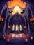 Cartoon gothic creepy room with bats in haunted castle. AI