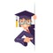 Cartoon graduate boy look out corner promotion pointing finger student male character design graduation cap scroll
