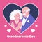 Cartoon grandmother in elegant dress, grandfather in suit with bow tie, Grandparents day vector doodle poster with heart