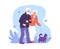 Cartoon grandmother and grandfather lovely walk together hand in hand with dog, vector lovely illustration, blue floral