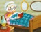 Cartoon grandmother resting in bed reading book