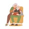 Cartoon grandparents lovely hugging and read book in cozy chair, happily spend time together, vector doodle illustration