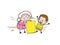 Cartoon Granny with Grandson and Message Banner Vector Illustration