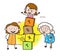 Cartoon Granny with Kids Playing Blocks Game Vector Illustration