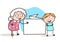 Cartoon Granny Showing Message Banner to Her Grandson Vector Illustration