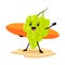 Cartoon grape character with surf board on beach