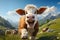 Cartoon graphic of a running happy cow in a mountain meadow, generative ai