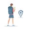 Cartoon graphic young man with backpack is looking for a route on the map. Traveler on white background