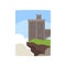 Cartoon gray castle with little turret on edge of cliff. Colorful landscape with old fortress. Historical architecture