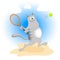 Cartoon gray cat playing tennis
