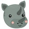 Cartoon gray face of a baby rhino with ruddy cheeks and a smile on a white background. Adorable head for logotype, icon, emoji.