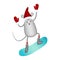 Cartoon gray mouse in a red cap, socks and mittens.