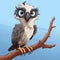 Cartoon Gray Owl Illustration With Blue Eyes On Branch