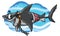 Cartoon great white shark brakes free from his chains vector