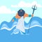 Cartoon Greek god. Poseidon with trident. Ocean waves. Neptune in sea water. Powerful male mythical character. Muscular