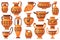 Cartoon greek pots. Ancient pottery ceramic vases, old antique pot jug jars vase, isolated collection craft earthenware