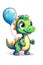 A cartoon green dragon holding a blue balloon. Generative AI image.