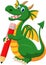 Cartoon green dragon holding red pencil