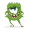 Cartoon green monster. Bacteria with large eyes, teeth, hands, feet. Microorganism on a white background.