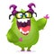 Cartoon green monster nerd wearing glasses. Vector illustration of excited monster character waving isolated.