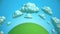 Cartoon green planet with flying clouds