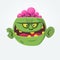 Cartoon green zombie with pink brains outside of the head. Halloween character. Vector illustration.