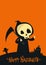 Cartoon grim reaper. Death skeleton illustration.  Halloween layout design