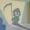 Cartoon Grim Reaper Smile Hold Scythe Shadow