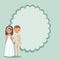 Cartoon groom, bride with space for text. Vector illustration.