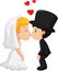 Cartoon A groom and fiancee kiss each other