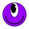 Cartoon Groovy funny purple cartoon smile character, vintage. Funky comic bright emoticon stickers