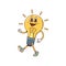 Cartoon groovy light bulb character, happy face