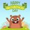 Cartoon groundhog marmot looking out of a burrow in a meadow with green grass background. Happy groundhog day. Vector illustration