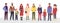 Cartoon group of cute man woman kid characters in trendy outerwear standing in row, wearing warm coat and boots, scarf