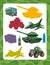 Cartoon guessing game for kids with colorful military vehicles and elements joining pairs