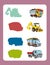 Cartoon guessing game for little kids with colorful industry cars