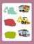 Cartoon guessing game for little kids with colorful industry cars joining pairs