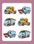 Cartoon guessing game for little kids with colorful industry cars joining pairs