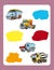 Cartoon guessing game for little kids with colorful industry cars joining pairs